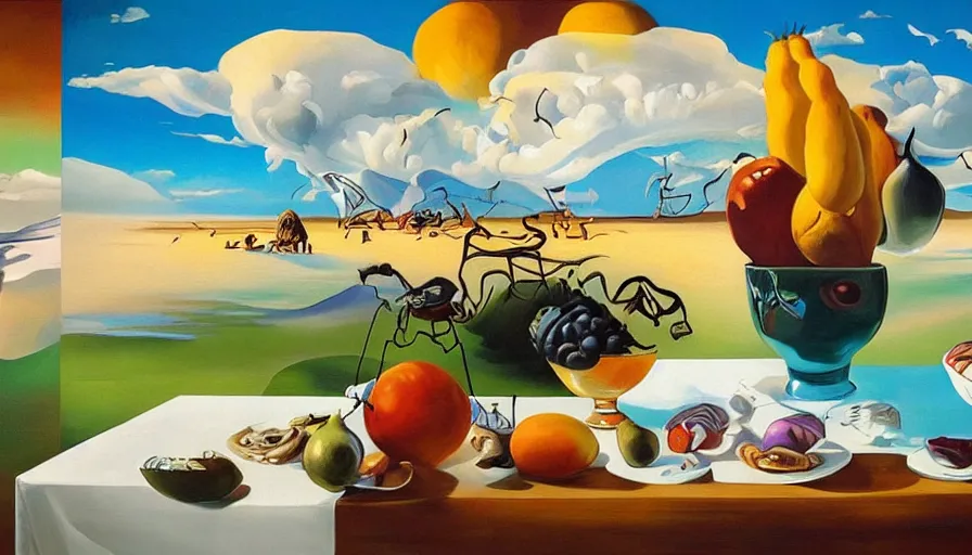 Prompt: RHADS, fever dream, Salvador Dali, fruit party, mural