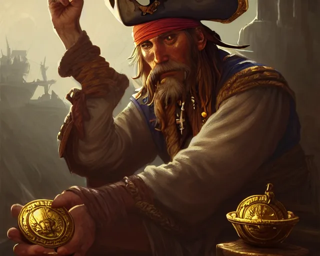 Image similar to old pirate looking carefully at a gold coin, deep focus, d & d, fantasy, intricate, elegant, highly detailed, digital painting, artstation, concept art, matte, sharp focus, illustration, hearthstone, art by artgerm and greg rutkowski and alphonse mucha