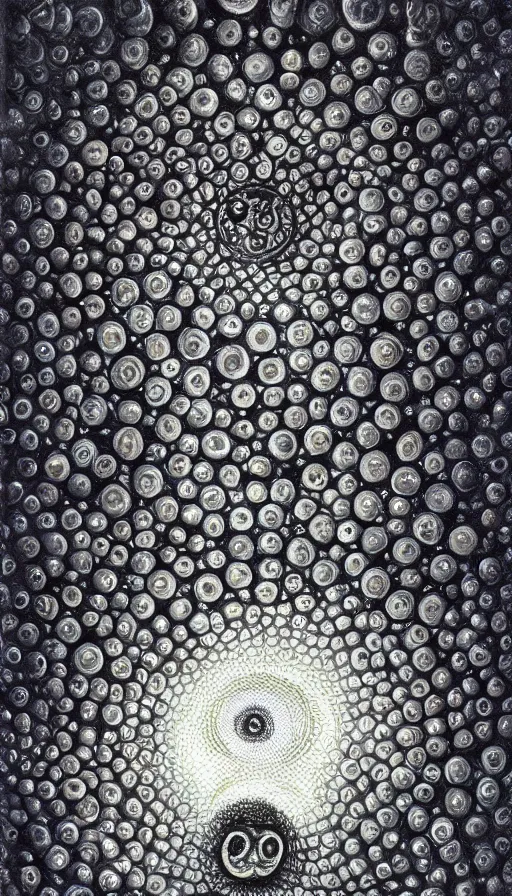 Image similar to a storm vortex made of many demonic eyes and teeth, by jason de graaf