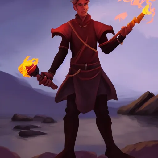 Prompt: Burning river port, Tiefling with a torch