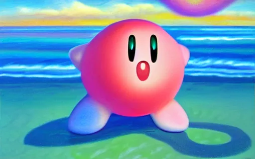 Prompt: Kirby at the beach, oil painting on canvas, 8k, highly detailed, soft lighting