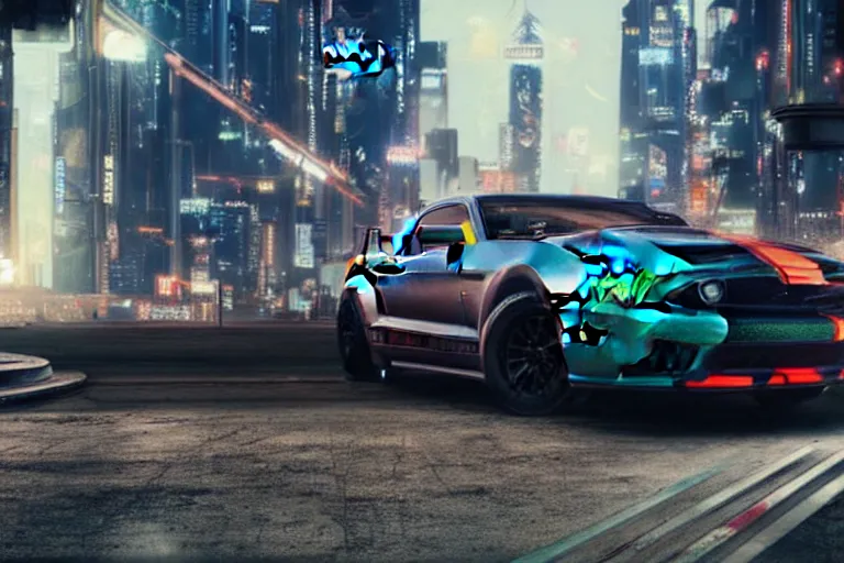 Image similar to ford mustang in cyberpunk city