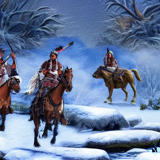 Image similar to digital art savage indians on the warpath riding horses through a rocky creek in the snow