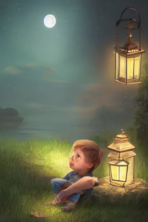 Prompt: a little boy and his cat sit at night, lantern light besides, photorealistic face and skin tones, dreamy moonlit nightscape by the garden, lake house, smooth, matte colors, trending on artstation, 4 k, 8 k