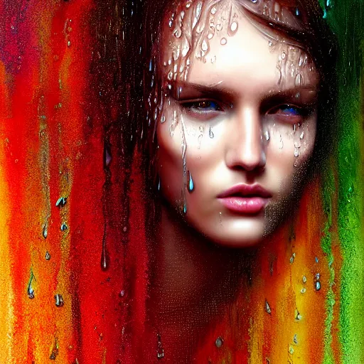 Image similar to dramatic portrait of revelation in uniquely colored rain with wet hair and face, liquid drops, epiphany, bliss, fantasy, intricate, elegant, dramatic lighting, highly detailed, lifelike, photorealistic, digital painting, artstation, concept art, smooth, sharp focus, illustration, art by John Collier and Albert Aublet and Krenz Cushart and Artem Demura and Alphonse Mucha