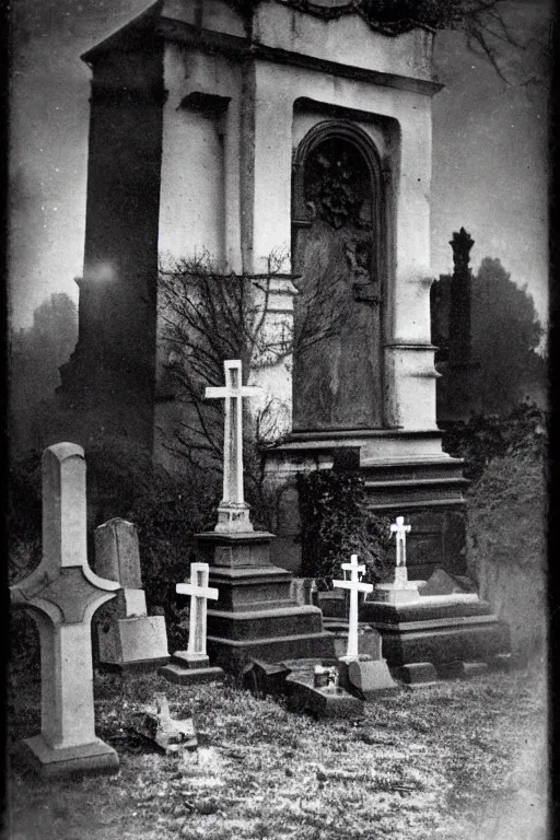 Prompt: Black and white camera obscura image of creepy cemetery, 1910s paris, crow, scary, horror, dark mood