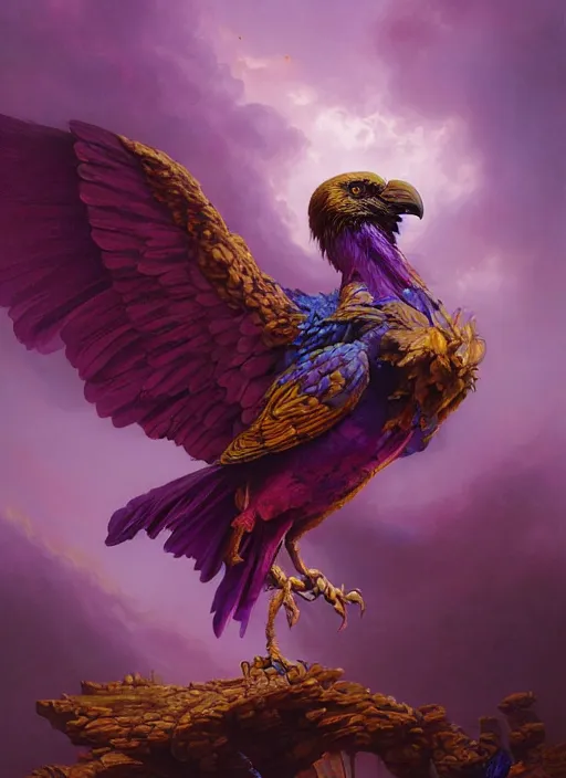 Prompt: a hyper realistic painting of a giant beautiful magical glowing purple raven perched, painted golden highlights, painted by peter mohrbacher, wayne barlowe, boris vallejo, paolo eleuteri serpieri, greg rutkowski, vasnetsov, masterpiece, 4 k, 8 k, beautiful lighting, epic