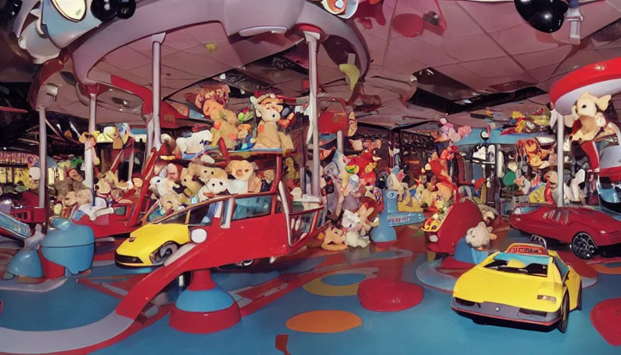 Prompt: 1990s photo of inside the Beanie Baby ride at Universal Studios in Orlando, Florida, children riding in Lamborghini through Beanie Baby Masion, cinematic, UHD