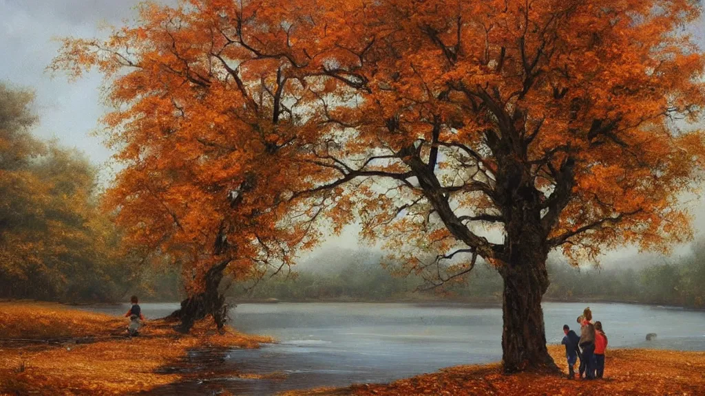 Prompt: A beautiful oil painting of a single tree, the tree is in the rule of thirds, a family is under the tree having a picnic, the kids are playing in the river, the fall has arrived and the leafs started to become golden and red, the river is flowing its way, the river has lots of dark grey rocks, oil painting by Greg Rutkowski