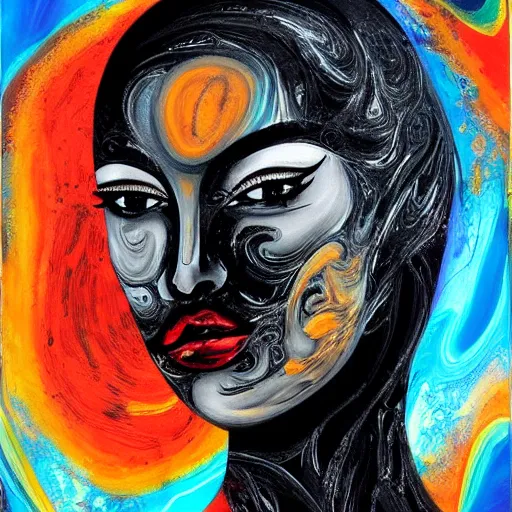 Prompt: abstract art with swirly black liquid acrylic paint and beautiful female face, beautiful color composition, warm colors, black details, sculpture, dark mood
