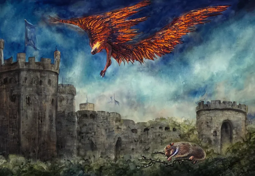 Prompt: the legendary fire winged possum is flying over a medieval castle under the dark starred sky, dark fantasy, watercolor, dreaming illusion, highly detailed, 4k, trending on Artstation, award-winning