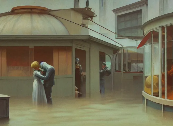 Image similar to spherical people kissing in gas masks at flooded restaurant Edward Hopper and James Gilleard, Zdzislaw Beksinski highly detailed