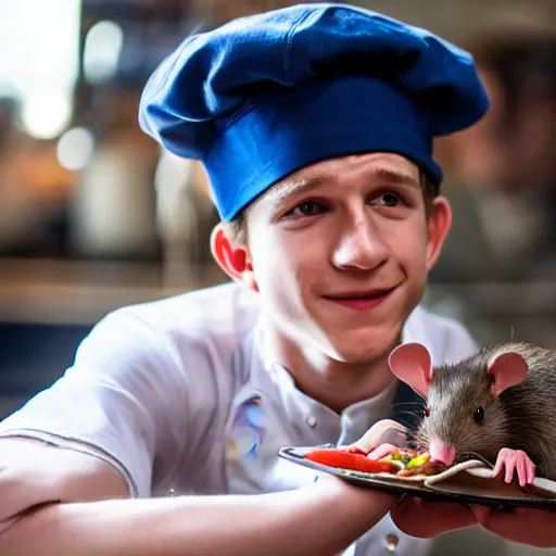 Image similar to variety - first picture of live action ratatouille shows tom holland with a real live rat on his chef's hat ( eos 5 ds r, iso 1 0 0, f / 8, 1 / 1 2 5, 8 4 mm, postprocessed, bokeh )