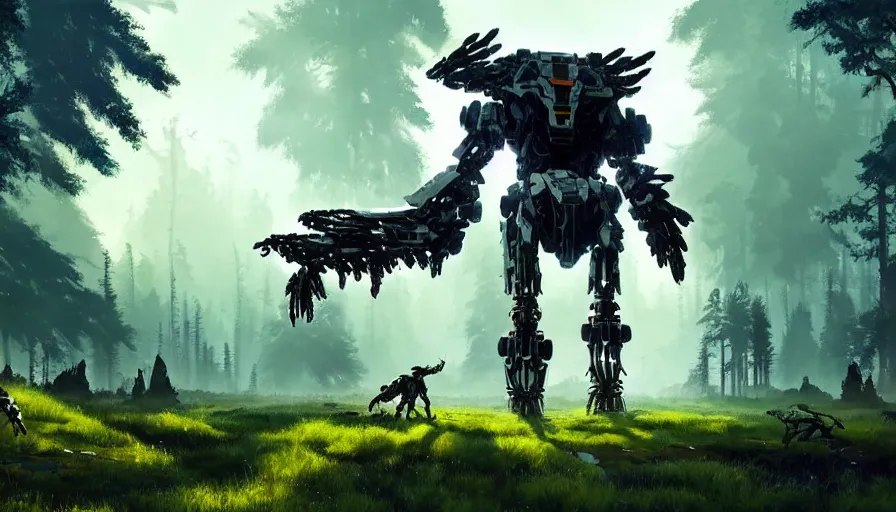 Prompt: walking mech covered in chrome armor, large shapes, horizon zero dawn aesthetic, covered in moss and birds, many large glowing lights, beautiful forests and trees, utopian landscape, bright sunlight, cinematic, concept art, art by John Park and Natasha Tan, trending on artstation, masterpiece.
