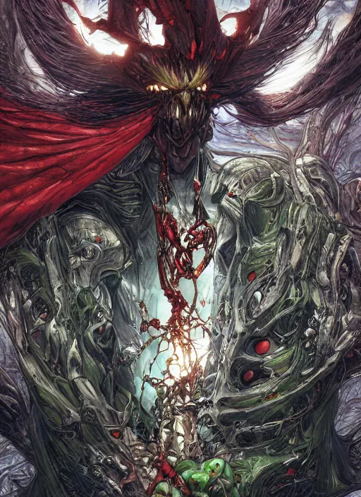 Image similar to first issue of spawn comic book cover art, au naturel, hyper detailed, digital art, trending in artstation, cinematic lighting, studio quality, smooth render, unreal engine 5 rendered, octane rendered, art style by klimt and nixeu and ian sprigger and wlop and krenz cushart