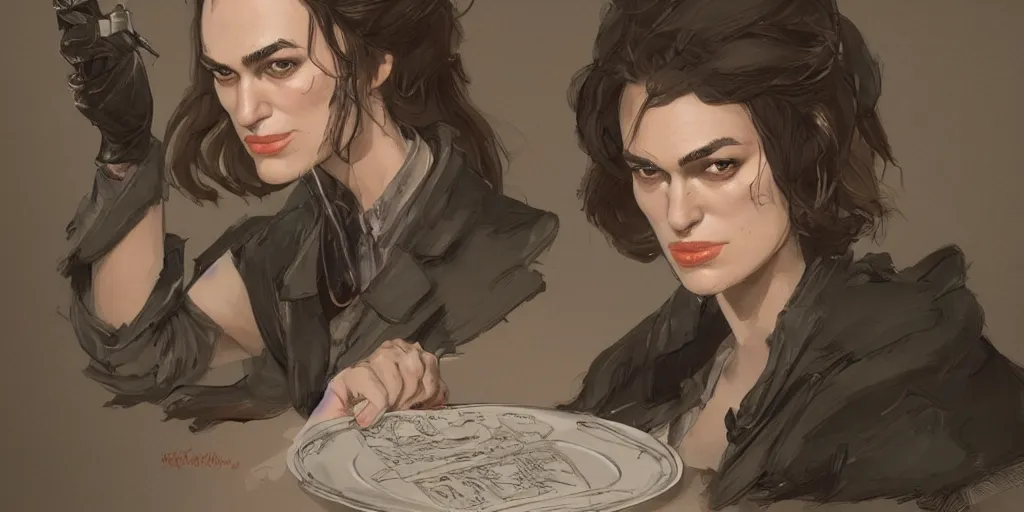 Image similar to cartoonish keira knightley eating dinner, character sheet, fine details, concept design, contrast, kim jung gi, greg rutkowski, trending on artstation, 8 k, full body, turnaround, front view, back view, ultra wide angle