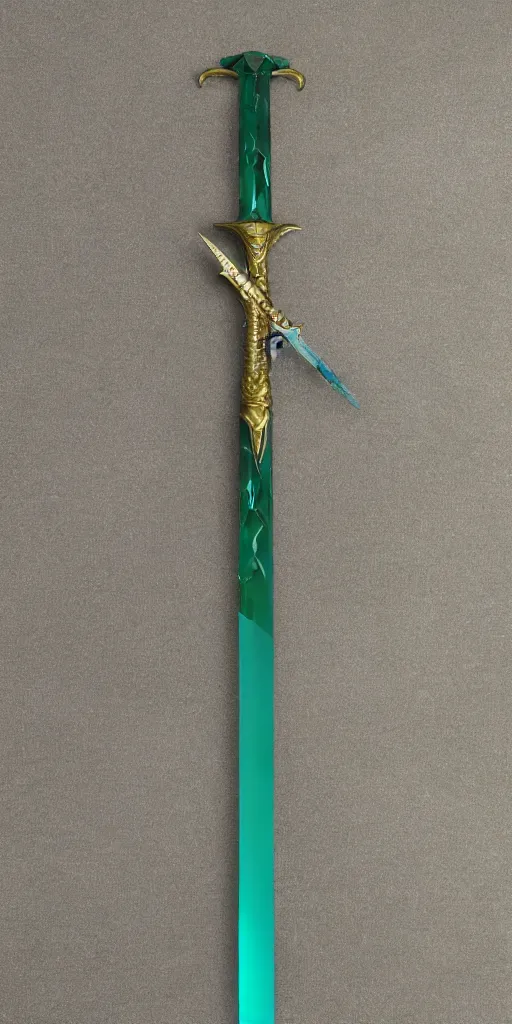 Image similar to photograph of a wide green and teal crystal sword blade attached to a big gold sword hilt