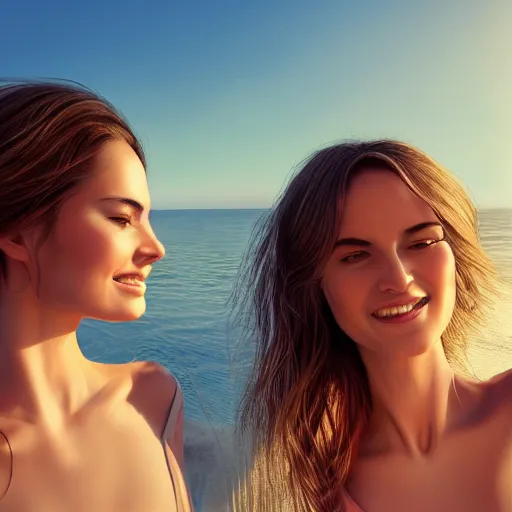 Image similar to beautiful serene intricate portrait of identical twin women, taking a selfie, smiling softly, relaxing on the beach, wearing casual clothes golden hour, soft focus, 8 k, art by irakli nadar, hyperrealism, hyperdetailed, ultra realistic