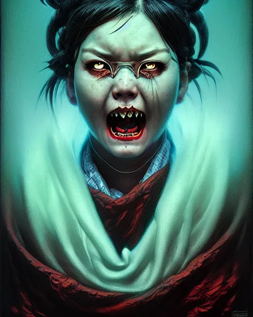 Prompt: mei from overwatch, evil, crazed look in her eyes, character portrait, portrait, close up, concept art, intricate details, highly detailed, horror poster, horror, vintage horror art, realistic, terrifying, in the style of michael whelan, beksinski, and gustave dore