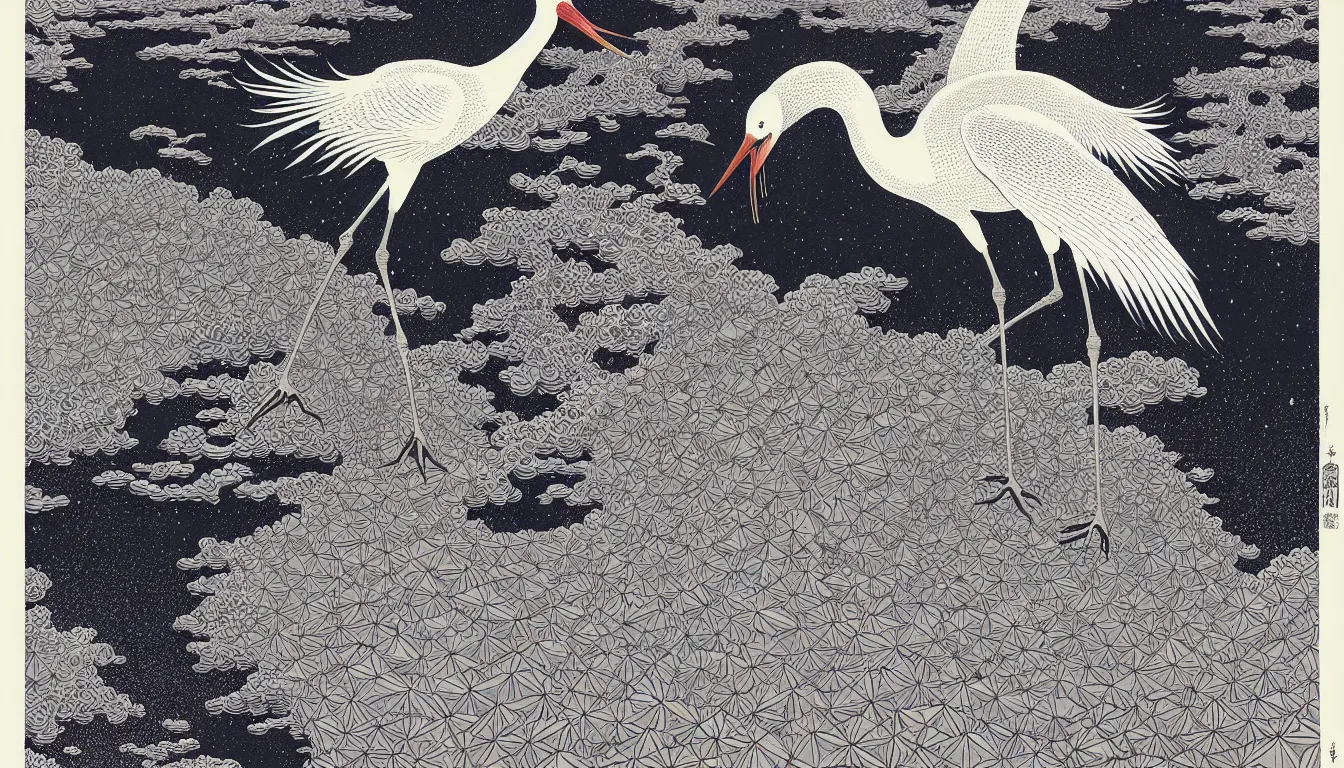 Image similar to japanese crane by woodblock print, nicolas delort, moebius, victo ngai, josan gonzalez, kilian eng