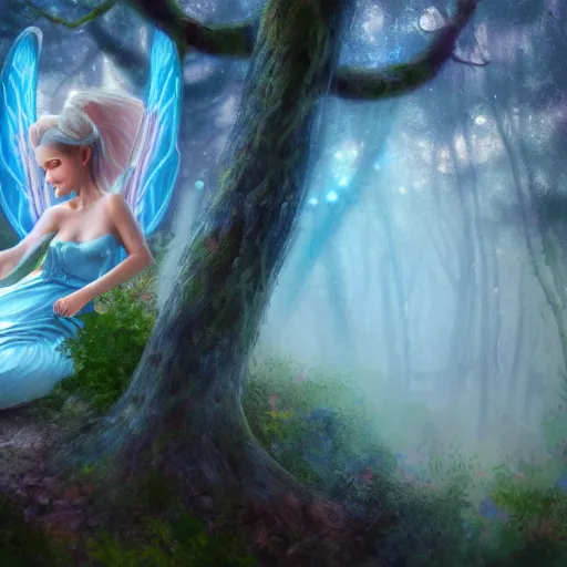 Prompt: sky blue fairy in a forest, close shot, fantasy painting, cottagecore, fantasycore, light colors, artstation contest winner