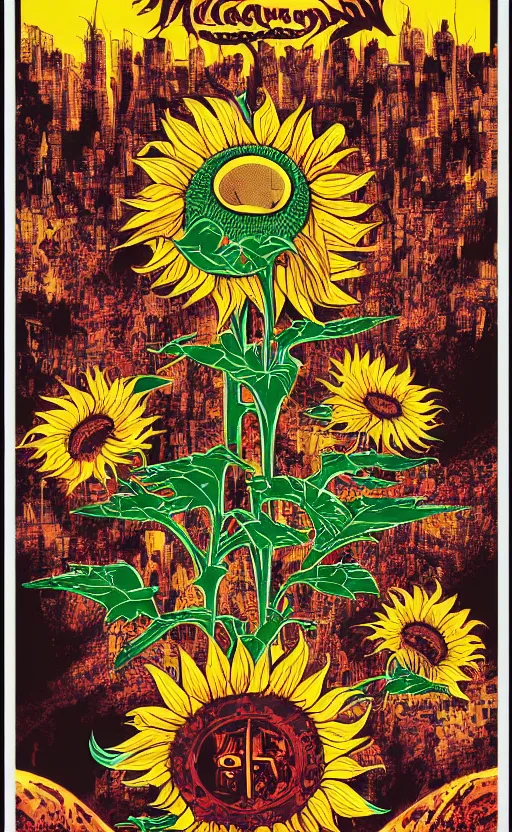 Image similar to 8 k cursed with necronomicon horrorcore cel animation poster depicting sunflowers spattered with blood, intricate, metropolis, 1 9 5 0 s movie poster, post - processing, vector art