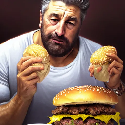 Prompt: portrait of Swol Gigachad Robert Deniro eating hamburgers, extra onions and ketchup, luscious patty with sesame seeds, feminine ethereal, handsome, D&D, fantasy, intricate, elegant, highly detailed, digital painting, artstation, concept art, matte, sharp focus, illustration, art by Artgerm and Greg Rutkowski and Alphonse Mucha
