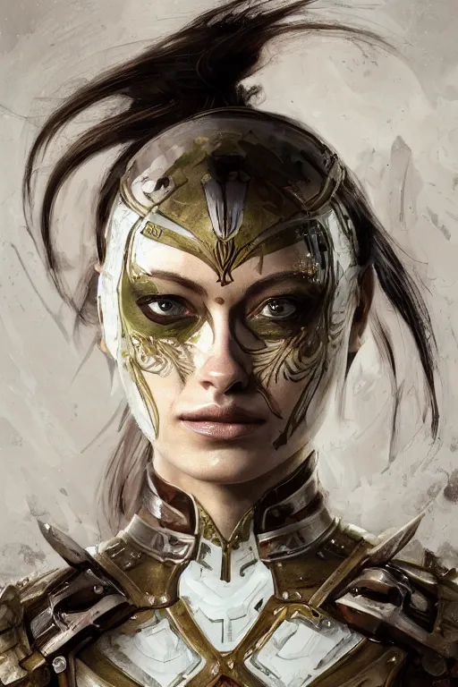 Image similar to a professionally painted portrait of Olivia Wilde, clothed in ancient battle armor, olive skin, long dark hair, beautiful bone structure, symmetrical facial features, face painted with camouflage, intricate, elegant, digital painting, trending on Artstation, concept art, smooth, sharp focus, illustration, from Metal Gear by Ruan Jia and Mandy Jurgens and Artgerm and and william-adolphe bouguerea, award winning