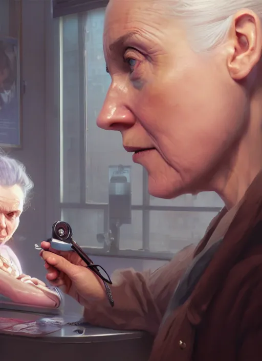 Image similar to highly detailed portrait marie curie getting vaccinated in gta v, stephen bliss, unreal engine, fantasy art by greg rutkowski, loish, rhads, ferdinand knab, makoto shinkai and lois van baarle, ilya kuvshinov, rossdraws, tom bagshaw, global illumination, radiant light, detailed and intricate environment