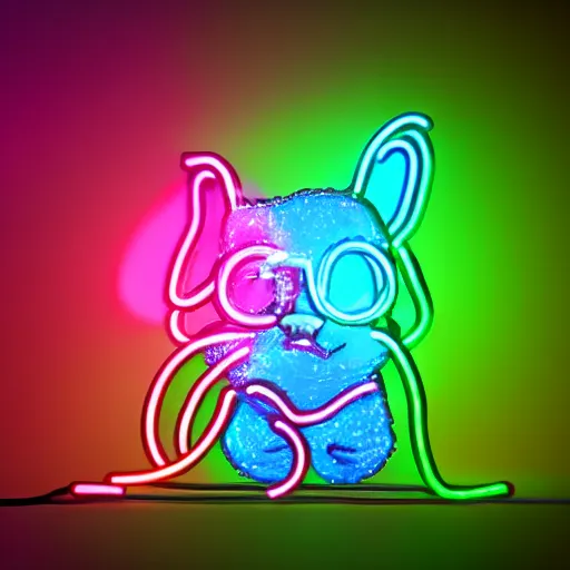 Prompt: cyberpunk hamster made of glowing neon lights holding a rainbow gem crystal, light reflection, 8 k, hd, logo