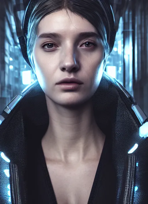 Image similar to 3 / 4 portrait, emma thorpe, crown, transparent skin, futuristic clothing, visible muscle, id magazine, hyperrealism, detailed textures, photorealistic, 3 d cyberpunk apocalyptic city, ultra realistic, cinematic, intricate, cinematic light, unreal engine 8 k, octane render, unreal engine, david kostic, artgerm