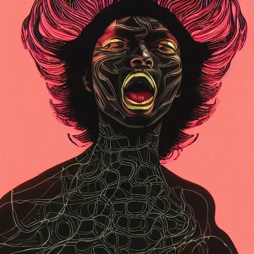 Image similar to x - ray portrait closeup of screaming black reflective glossy dark beautiful woman with hair made by snakes, sensual pose, symmetrical, glitches, by yoichi hatakenaka, masamune shirow, josan gonzales and dan mumford, ayami kojima, takato yamamoto, barclay shaw, karol bak, yukito kishiro, moebius