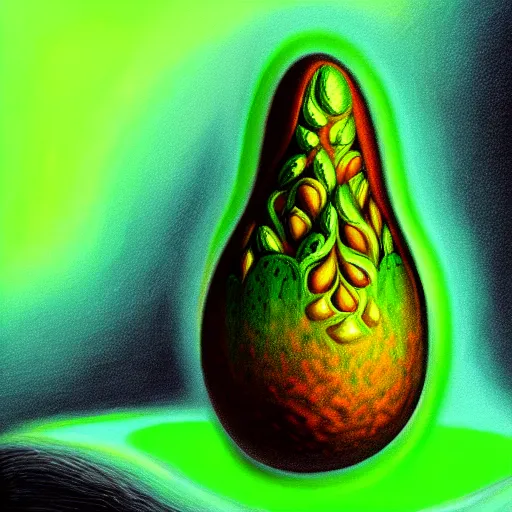 Image similar to An extremely psychedelic portrait of an avocado, surreal, LSD, face, detailed, intricate, elegant, lithe, highly detailed, digital painting, artstation, concept art, smooth, sharp focus, illustration