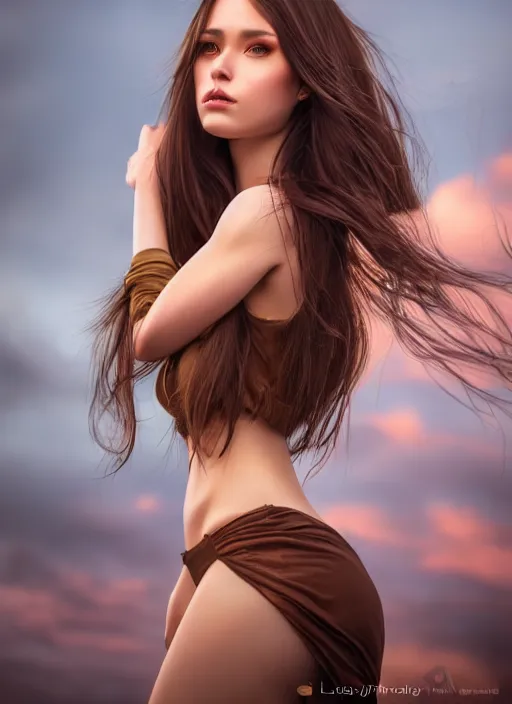 Image similar to a gorgeous female with long brown hair, photo by lara jade, realistic, full body shot, wide angle, sharp focus, 8 k high definition, insanely detailed, intricate, elegant, art by stanley lau and artgerm, floating embers