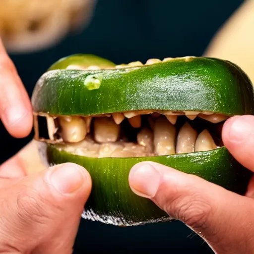 Prompt: someone with big buck teeth biting into a pickle