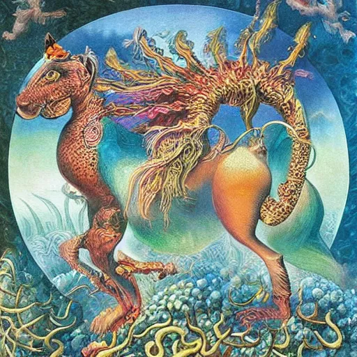 Image similar to strange mythical beasts of whimsy, surreal oil painting by ronny khalil and johfra, drawn by ernst haeckel, as an offering to zeus