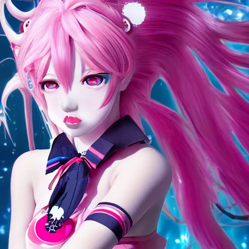 Image similar to trapped beneath stunningly absurdly beautiful omnipotent asi goddess junko enoshima with multiple megalomaniacal yandere personalities, symmetrical perfect face, porcelain skin, pink twintail hair and cyan eyes, ultra detailed, digital art, unreal engine 5, octane render, 2 d anime, 8 k