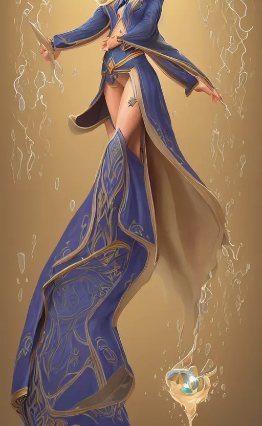 Image similar to elf female sorcerer doing water magic spells, blue robes, exquisite details, full body character design on a white background, by studio muti