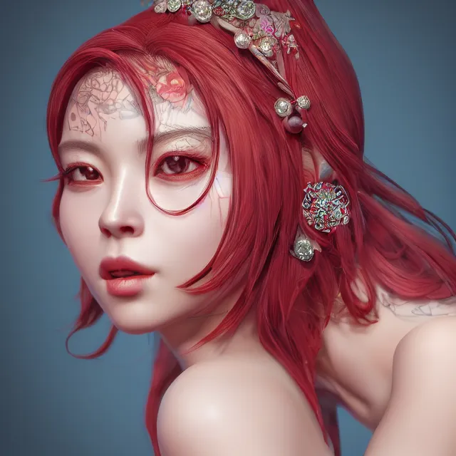 Image similar to studio portrait of absurdly beautiful, elegant, young gravure idol made of rubies and red gems, ultrafine hyperrealistic detailed face illustration by kim jung gi, irakli nadar, intricate linework, sharp focus, bright colors, matte, octopath traveler, final fantasy, unreal engine highly rendered, global illumination, radiant light, intricate environment