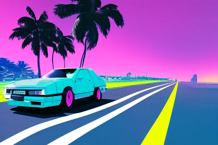 Prompt: render of a nissan driving along the coast highway, synthwave, outrun, 8 0 s, stylistic, neon, palms, 8 k wallpaper, digital art, trending on artstation