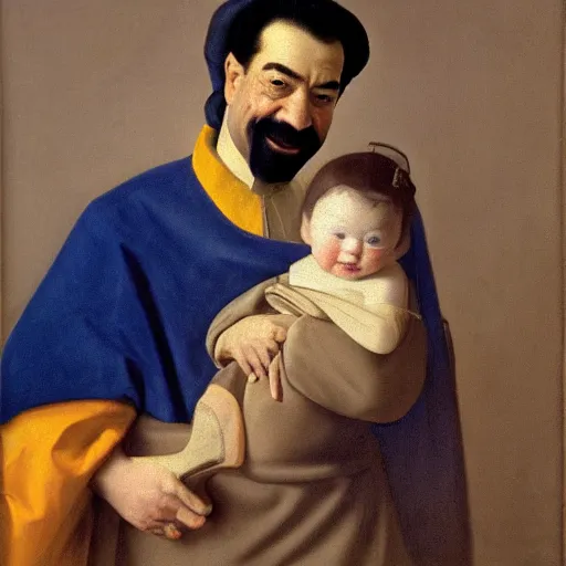 Image similar to A portrait of Saddam Hussein smiling and holding a baby gently in his arms by Johannes Vermeer