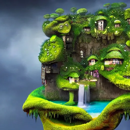 Image similar to waterfall village shaped like a frog, by benoit mandelbrot, filip hodas, vincent callebaut, mike campau and studio ghibli