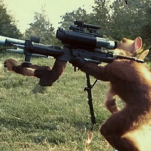 Prompt: mutant rabbit hellspawn shoots minigun, film still