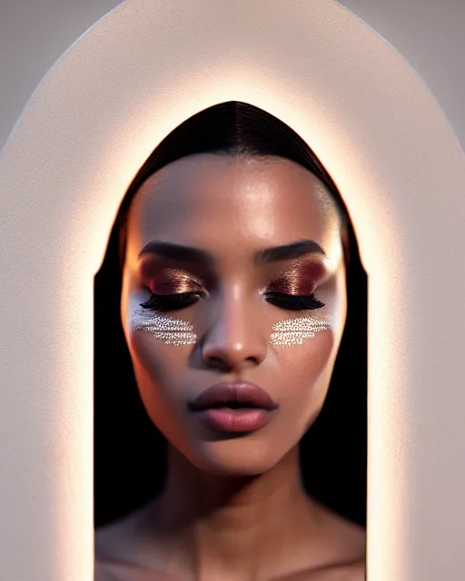 Prompt: beautiful female, arabic, haze, model, brown skin, intricate, filter, ultra realism, symmetrical face, makeup, sephora, maybelline, studio, reflections, cinematic, filmic, vsco, concept art, artstation, elegant, model, gorgeous, vray, flim, octane render, ambient occlusion, prism details