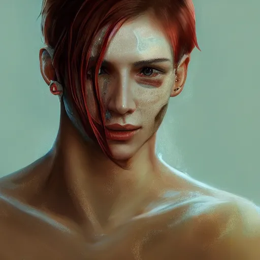 Image similar to portrait of a thin young man with long red hair, ponytail, a big scars, big gash on face, freckles on his face, an earring, intricate, elegant, glowing lights, highly detailed, digital painting, artstation, concept art, smooth, sharp focus, illustration