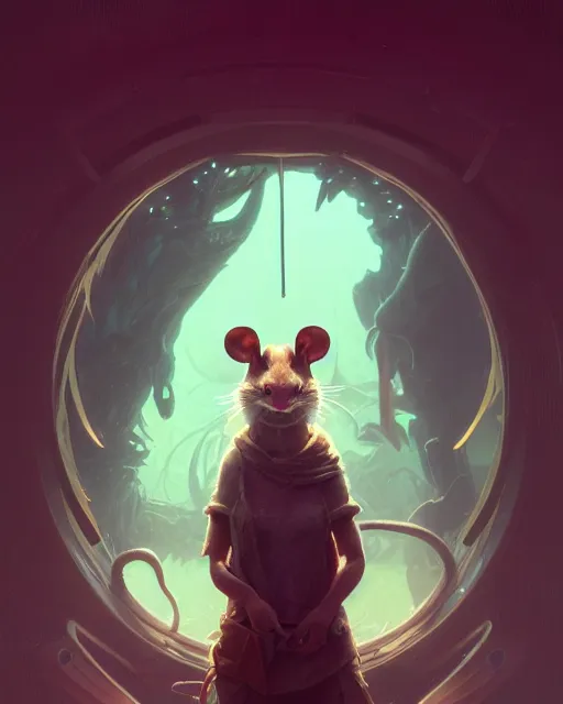 Image similar to highly detailed vfx portrait of a rat, unreal engine, greg rutkowski, loish, rhads, beeple, makoto shinkai and lois van baarle, ilya kuvshinov, rossdraws, tom bagshaw, alphonse mucha, global illumination, detailed and intricate environment