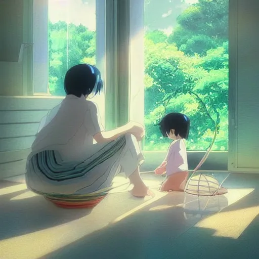 Image similar to incredible, a e s t h e t i c by makoto shinkai kokedama. a beautiful conceptual art harmony of colors, simple but powerful composition. a scene of peaceful domesticity, with a mother & child in the center, surrounded by a few simple objects. colors are muted & calming, serenity & calm.