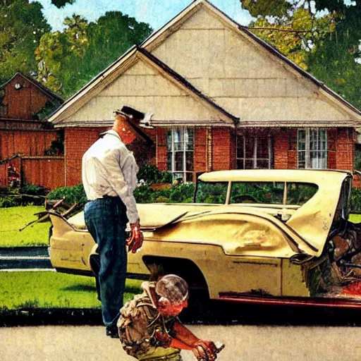 Prompt: A Norman Rockwell paining of a thrashy front yard that has an old broken down car in it, detailed