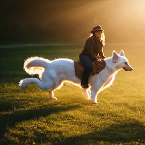 Image similar to Corgi riding a horse, natural lighting, realistic, sunbeams, golden hour, misty atmospherics