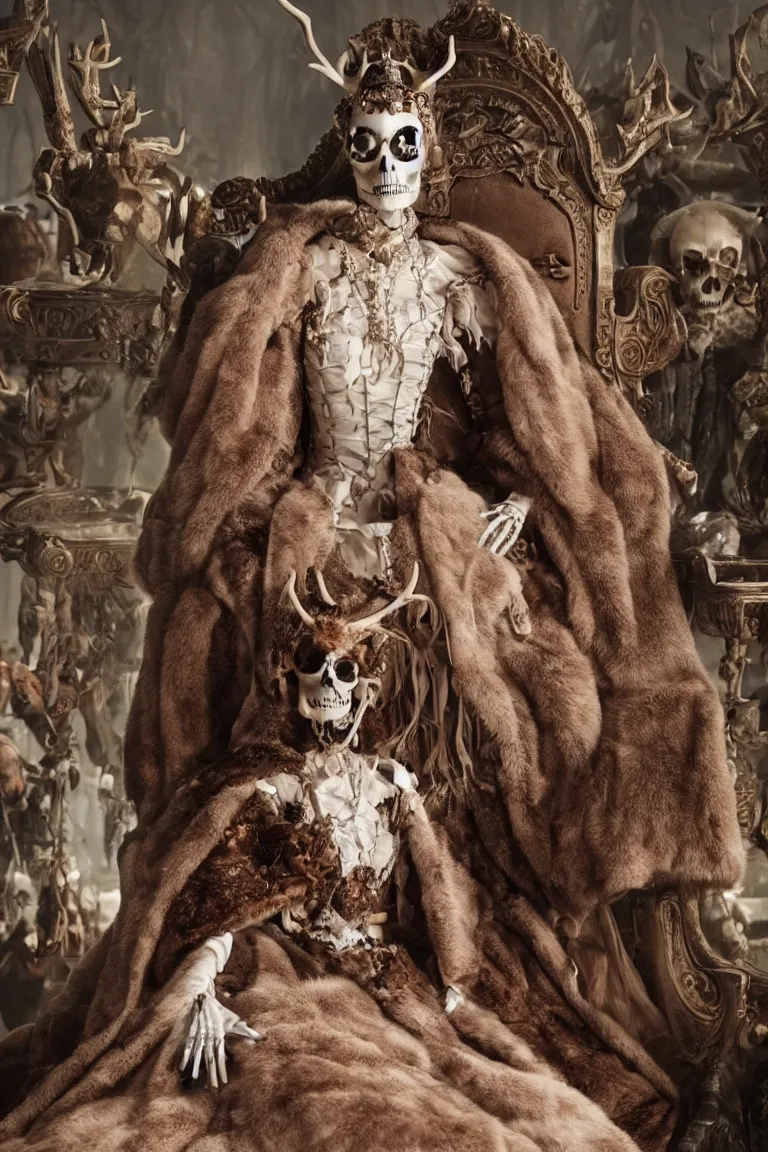 Prompt: a cursed lady princess dressed in a deer fur cloak, sitting in her throne, surrounded by skelleton royal guards, cinematic epic scene, wide view, detailed, 8 k, trending on cgi society, volummetric light